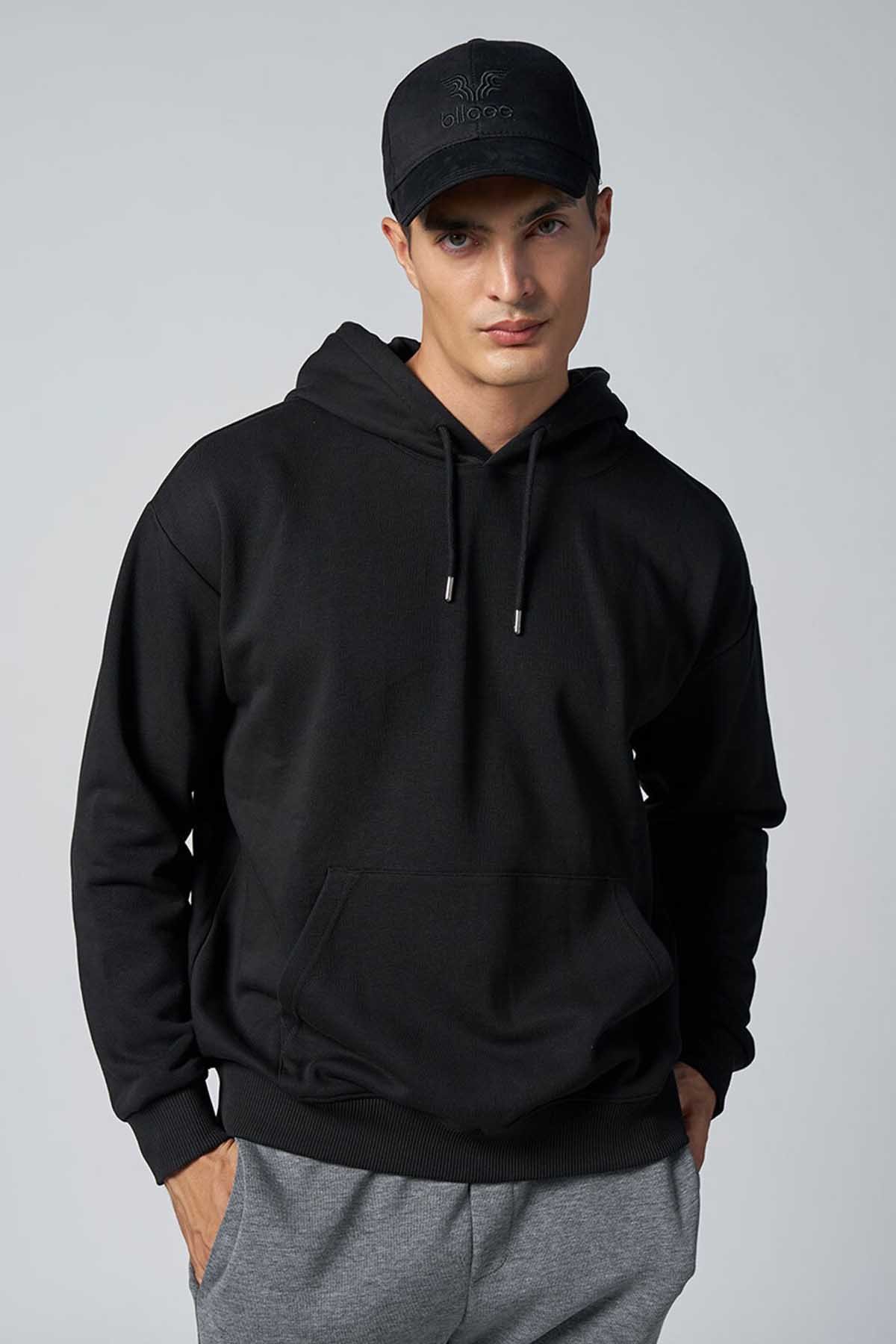3 Iplik Erkek Regular Fit Kapüşonlu Içi Yumuşak Tüylü Pamuklu Sweatshirt-Black
