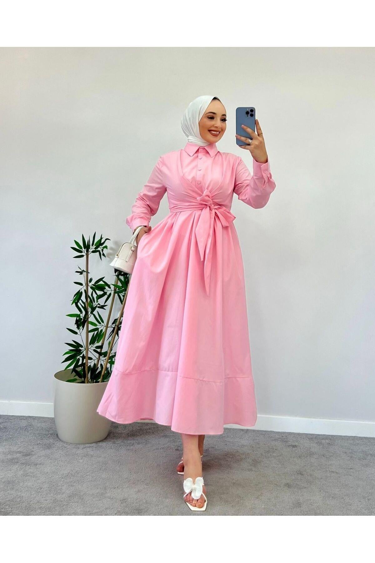 Belden Bağlamalı Tesettür Elbise-Pembe