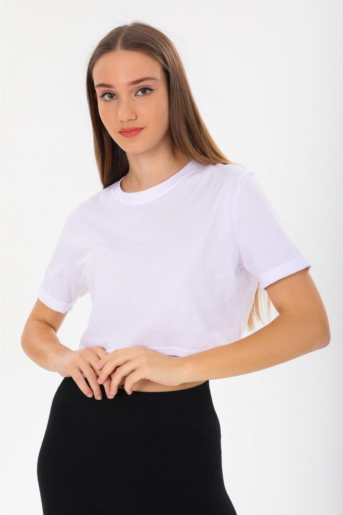 Beyaz Kadın Kısa Kollu Crop T-shirt