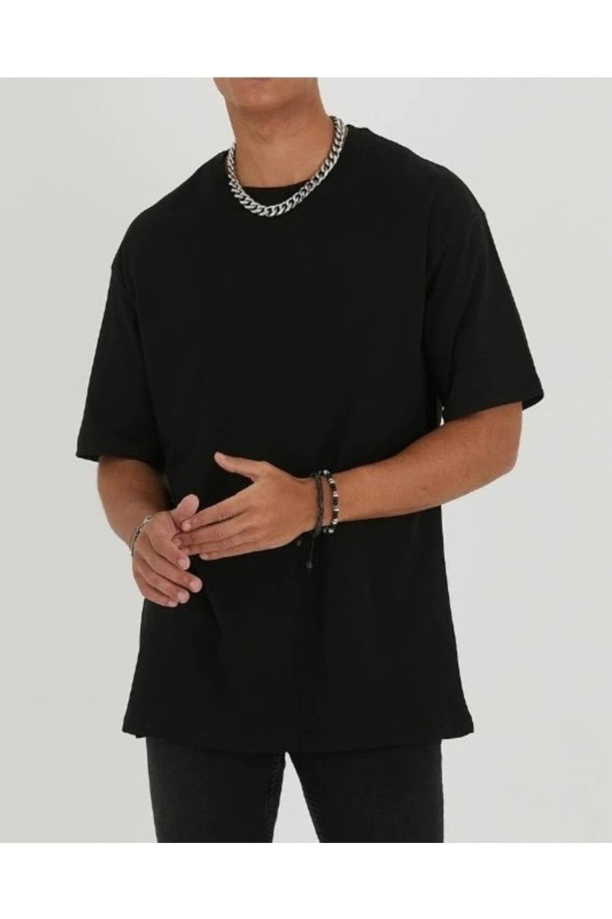 Erkek %100 Pamuk Unisex Siyah Oversize Bisiklet Yaka Tişört- Siyah