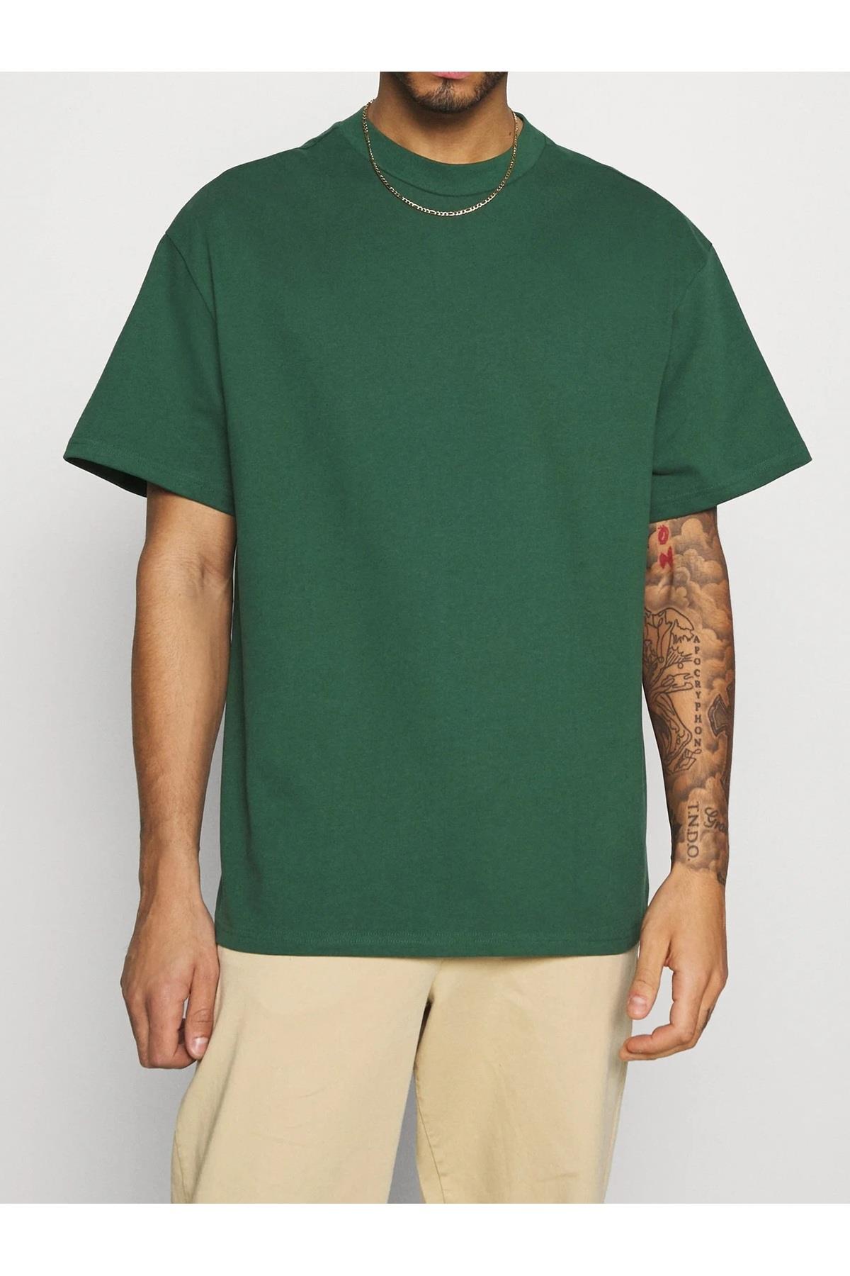 Erkek %100 Pamuk Unisex Siyah Oversize Bisiklet Yaka Tişört- Yeşil