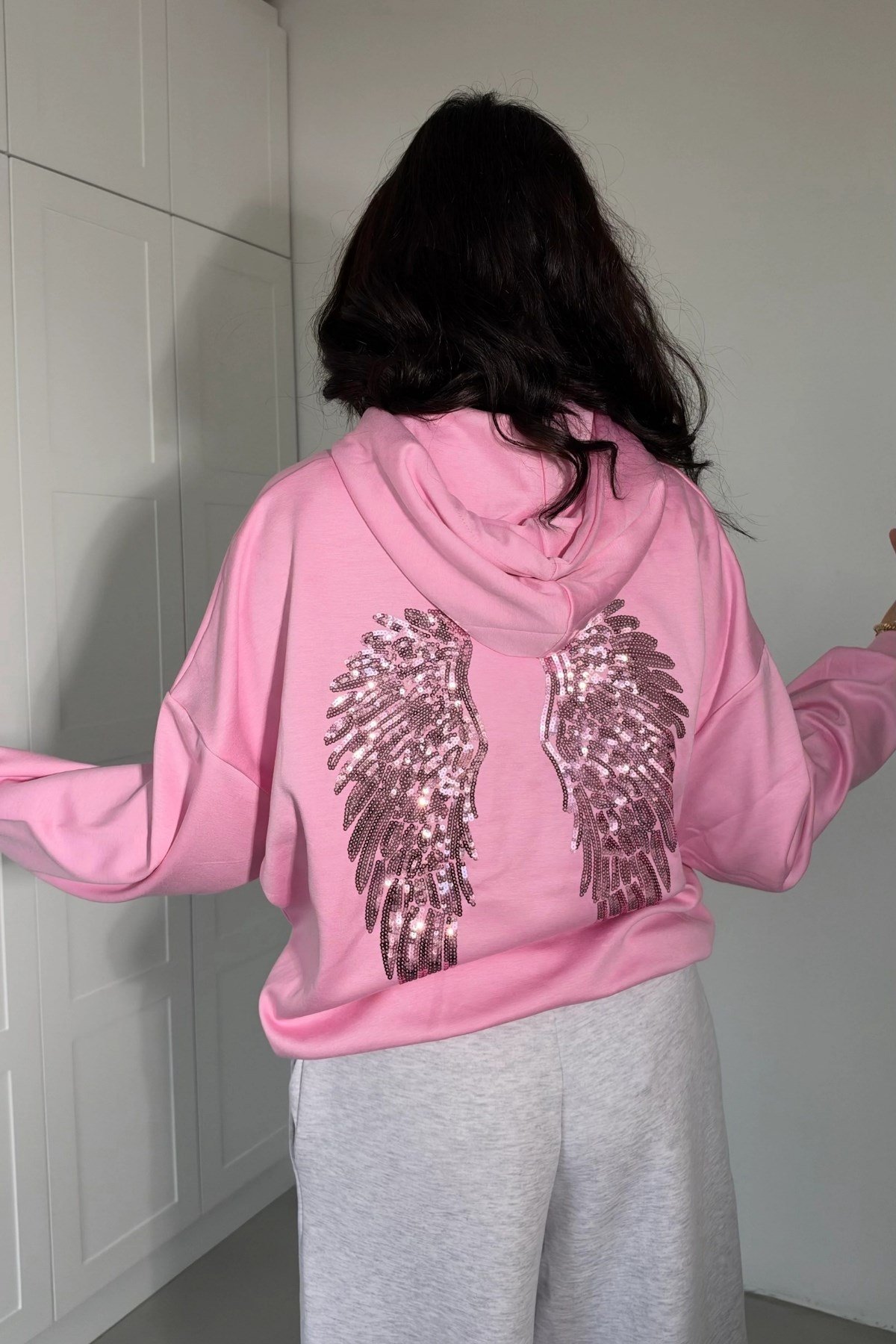 Kadın Angel Arkası Pullu Hoodie Sweatshirt- Pembe