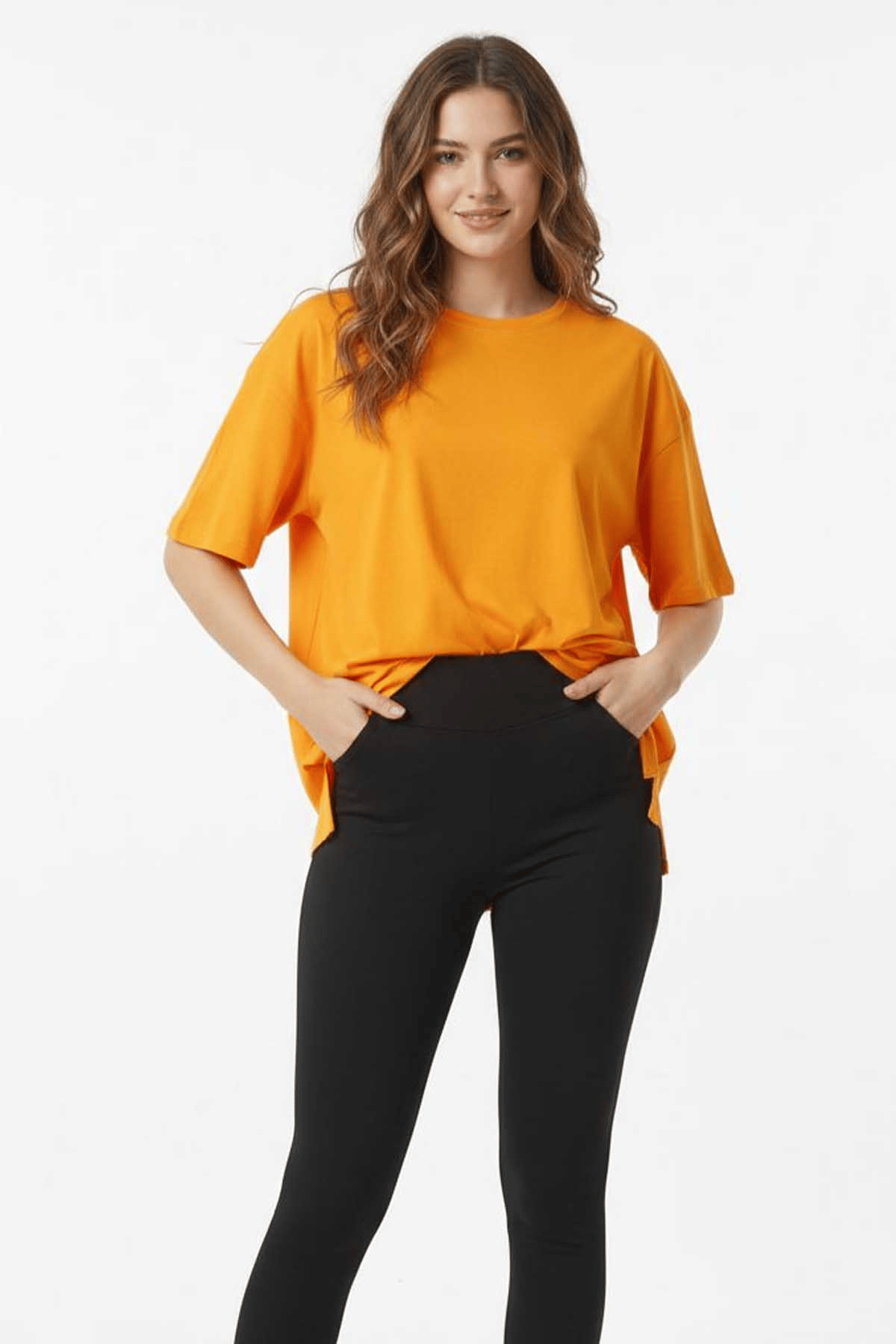Kadın Basic Oversize Kısa Kollu T-Shirt- Turuncu