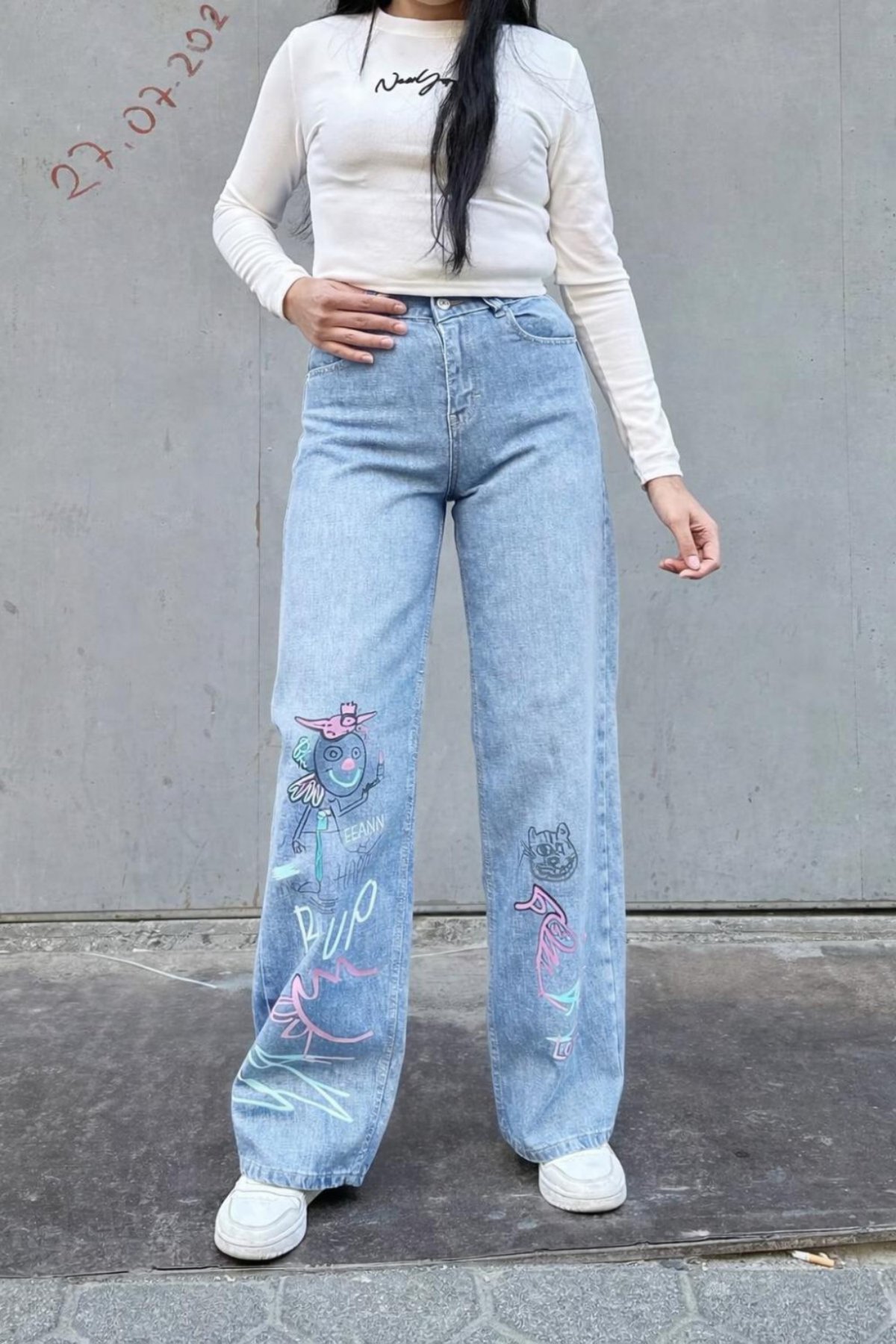 Kadın Baskılı Baggy Jean Pantolon- Buz Mavi