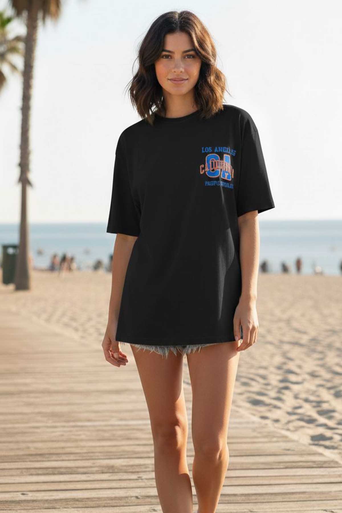 Kadın Basklı Oversize Rahat Kullanıma Uygun T-Shirt-Black