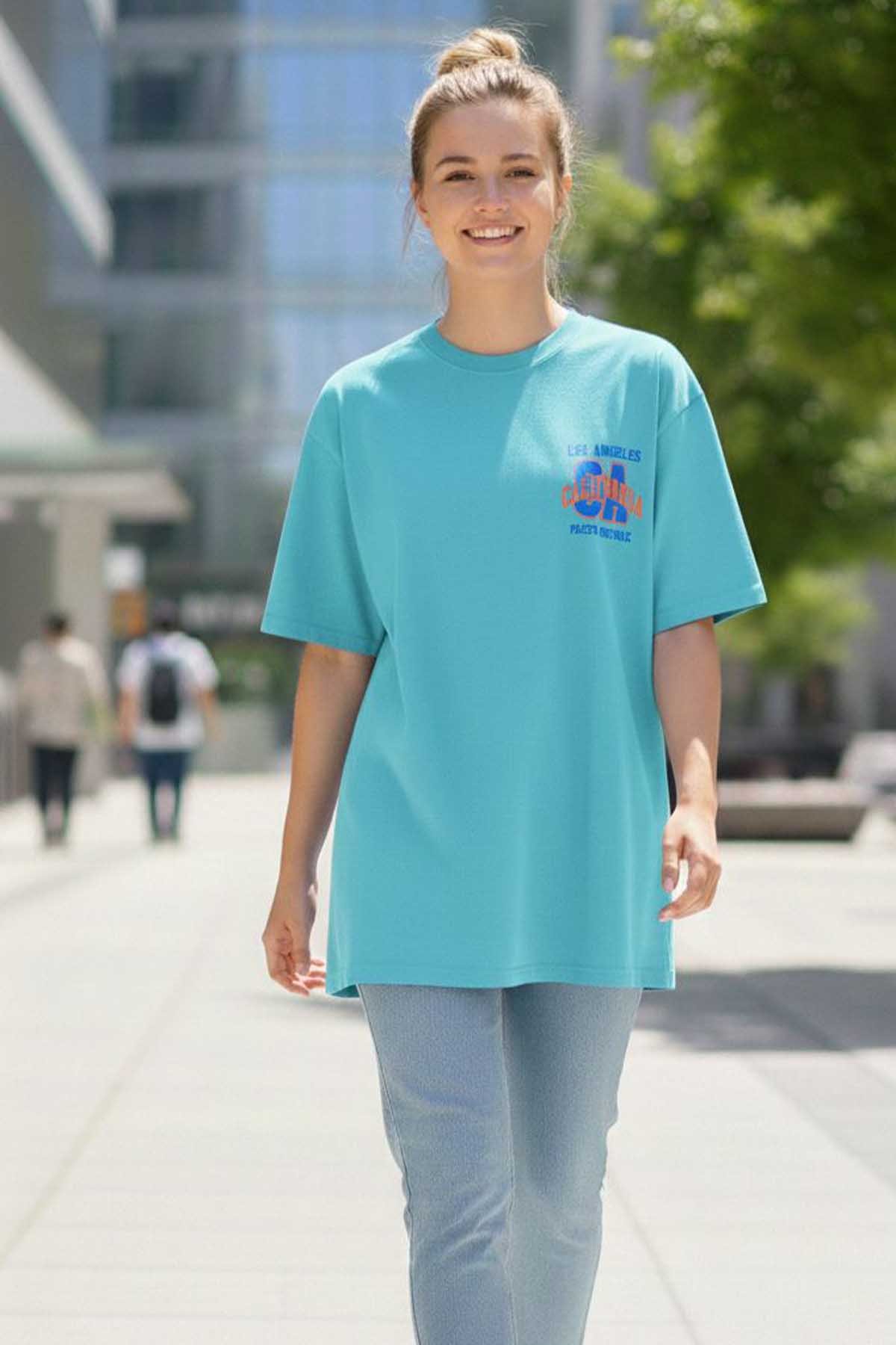 Kadın Basklı Oversize Rahat Kullanıma Uygun T-Shirt-Turkuaz