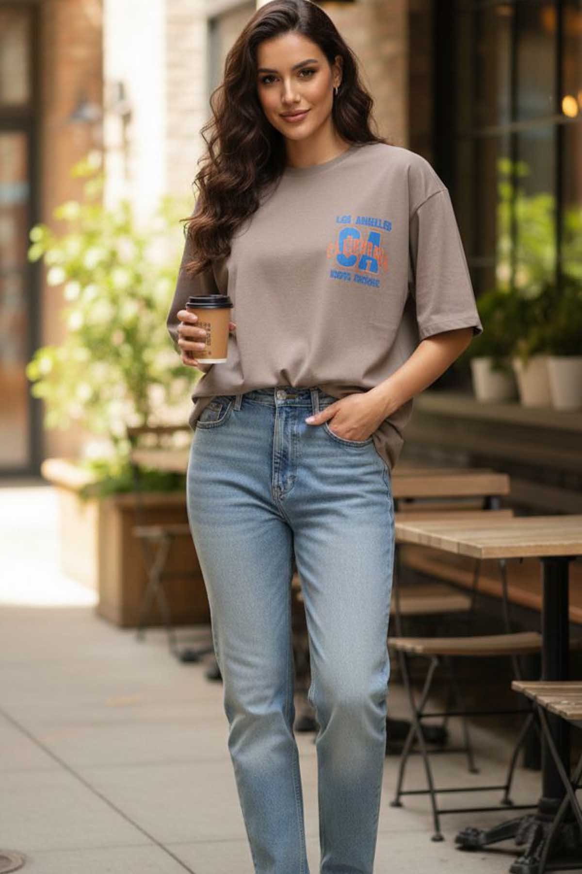 Kadın Basklı Oversize Rahat Kullanıma Uygun T-Shirt-Vizon