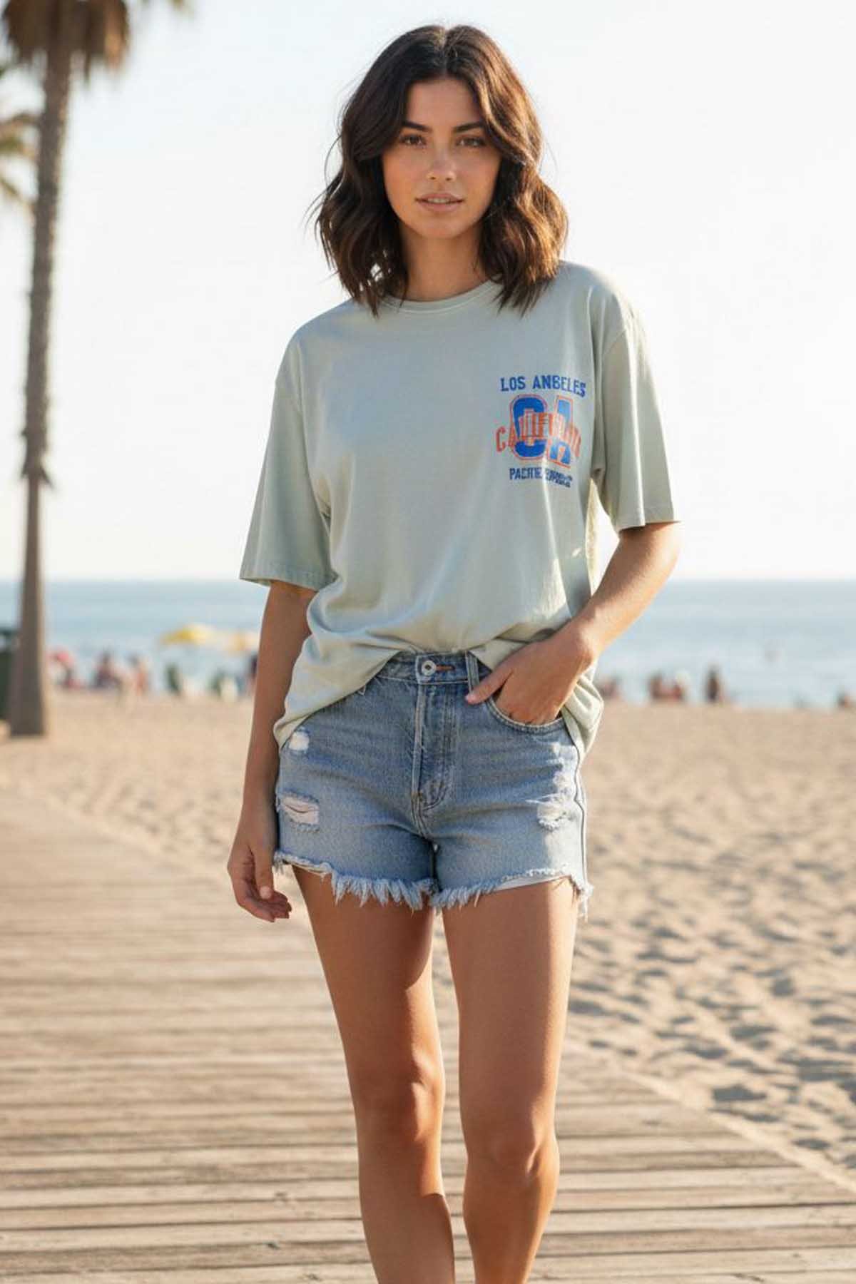 Kadın Basklı Oversize Rahat Kullanıma Uygun T-Shirt-Taş
