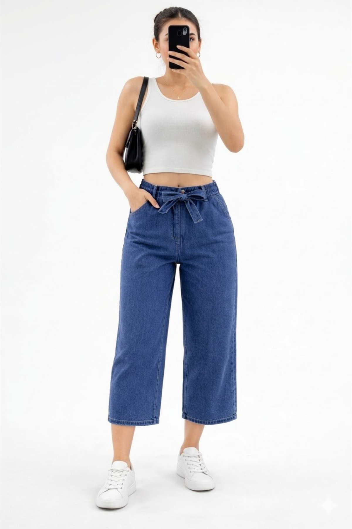Kadın Beli Lastikli Kurdela Bağlamalı Denim Bermuda Şort- İndigo