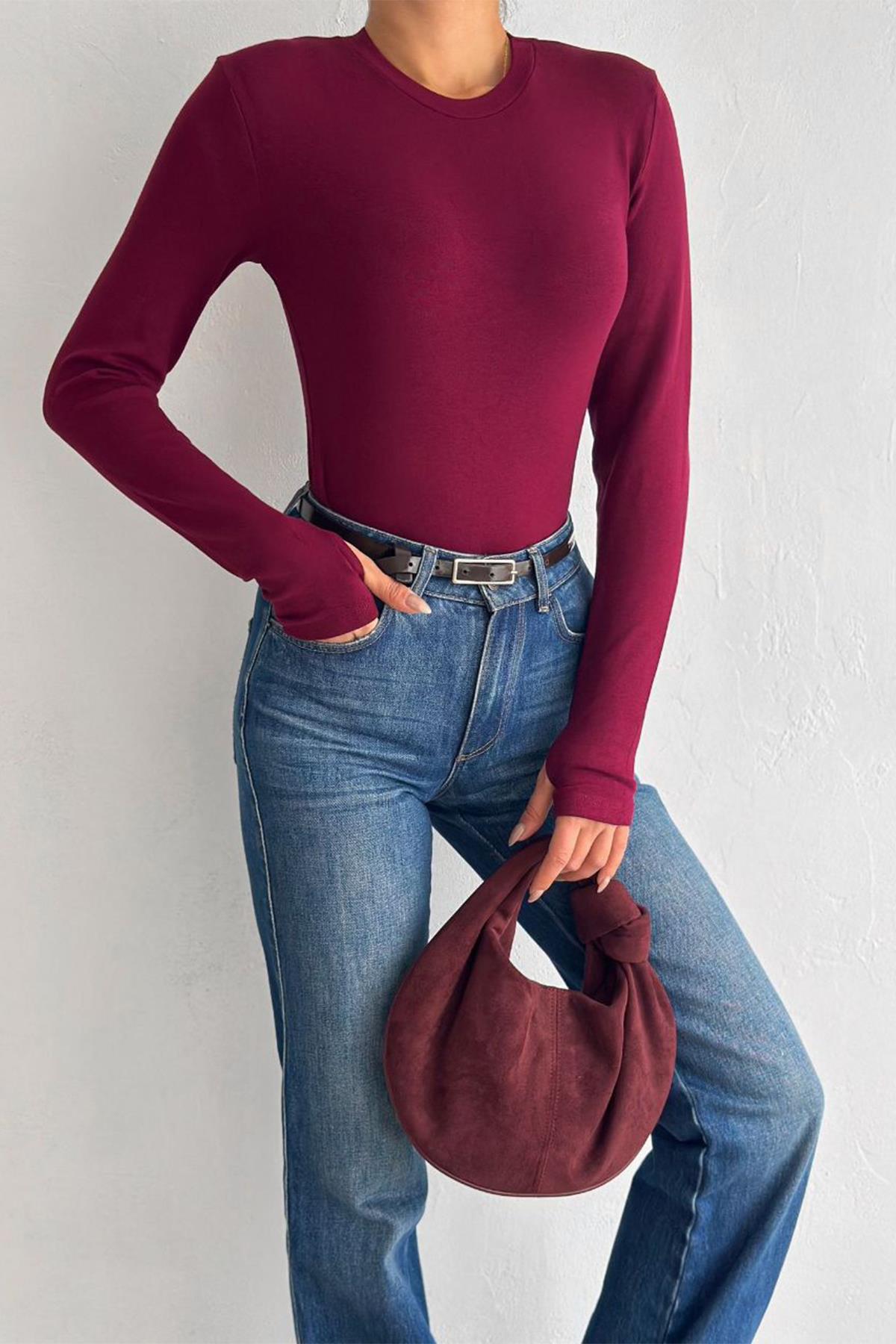 Kadın Bisiklet  Yaka Parmak Geçme Detaylı Oyso Modal Kumas Bluz- Bordo