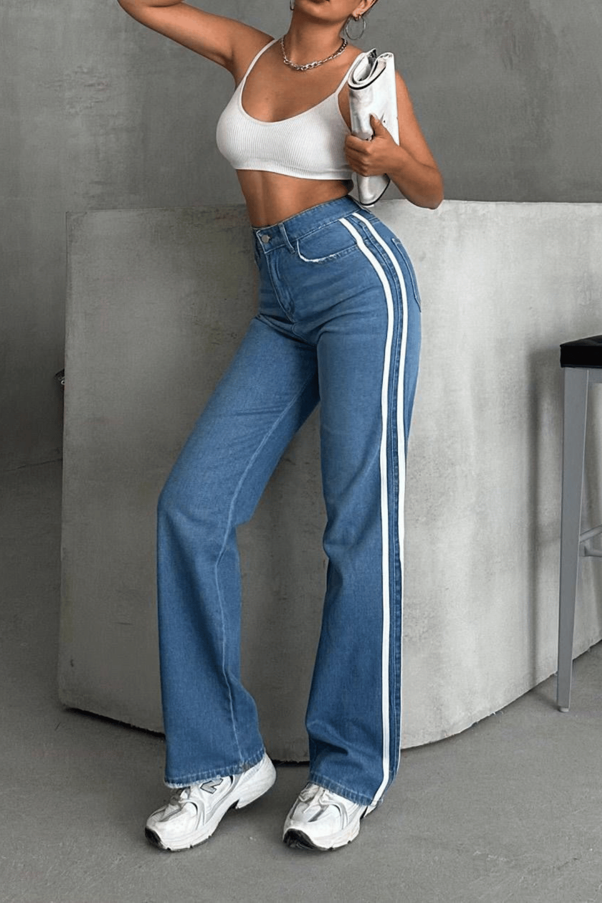 Kadın Çift Şeritli Baggy Jean Pantolon- Mavi