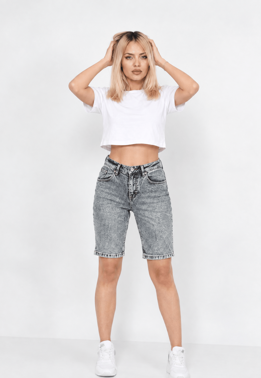 Kadın Denim Likralı Şort- Gri