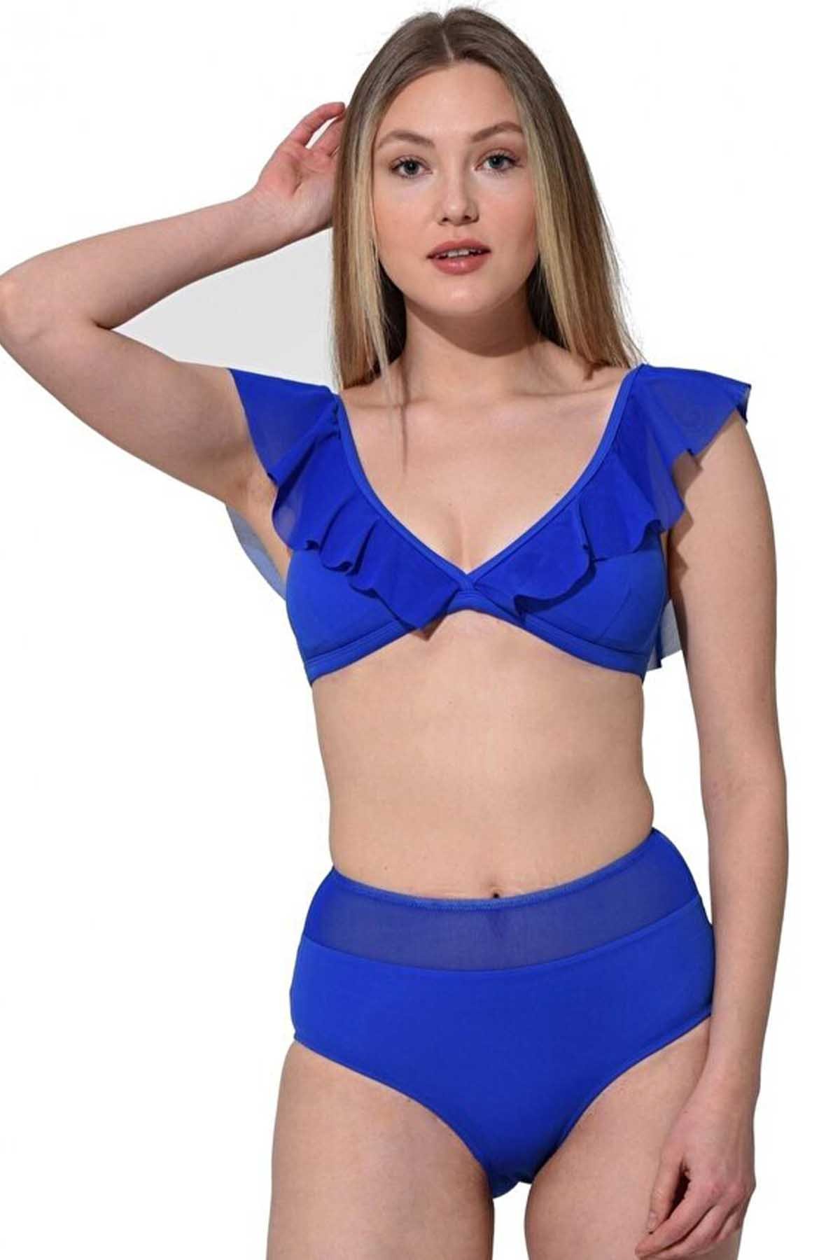 Kadın Düz Fırfırlı Yüksek Bel Bikini Takımı - Saks