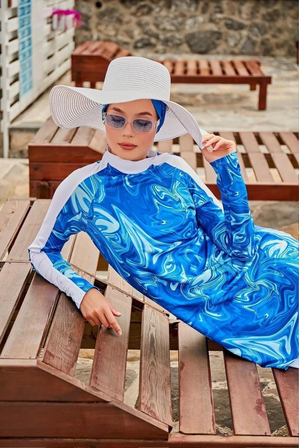Kadın Ebru Desenli Mavi Tam Kapalı Tesettür Mayo