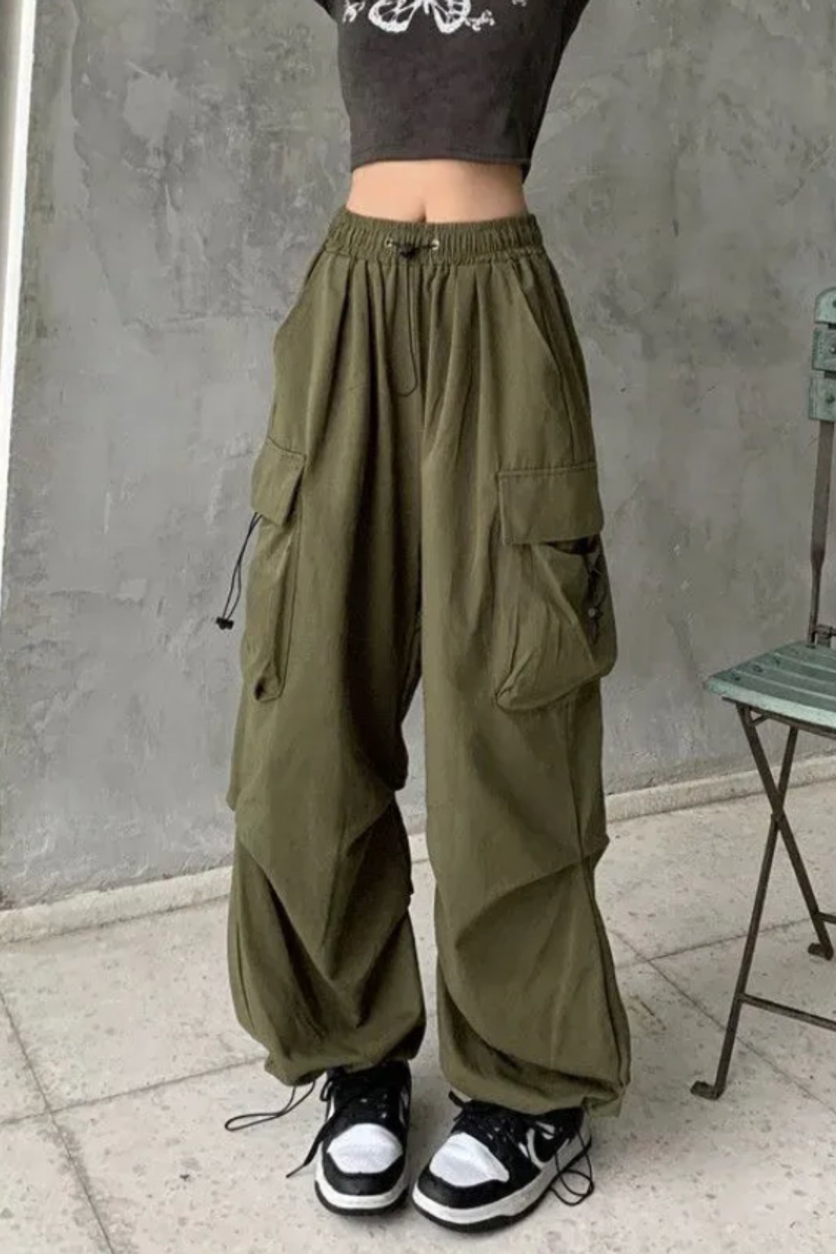 Kadın Ekstra Baggy Keten Pantolon- Haki