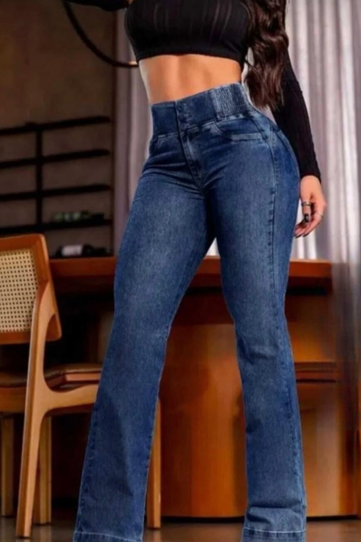 Kadın İspanyol Paça Beli Lasitkli Jean Pantolon- Lacivert