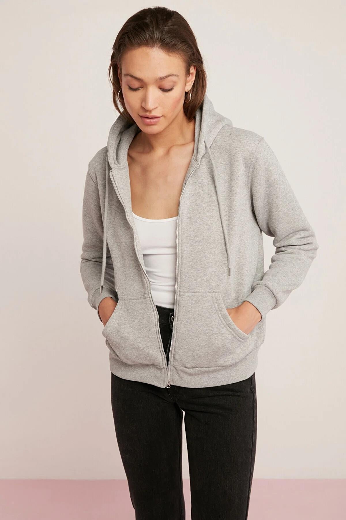Kadın Kapüşonlu Fermuarlı 3 Üç Iplik Polar Oversize Salaş Sweatshirt