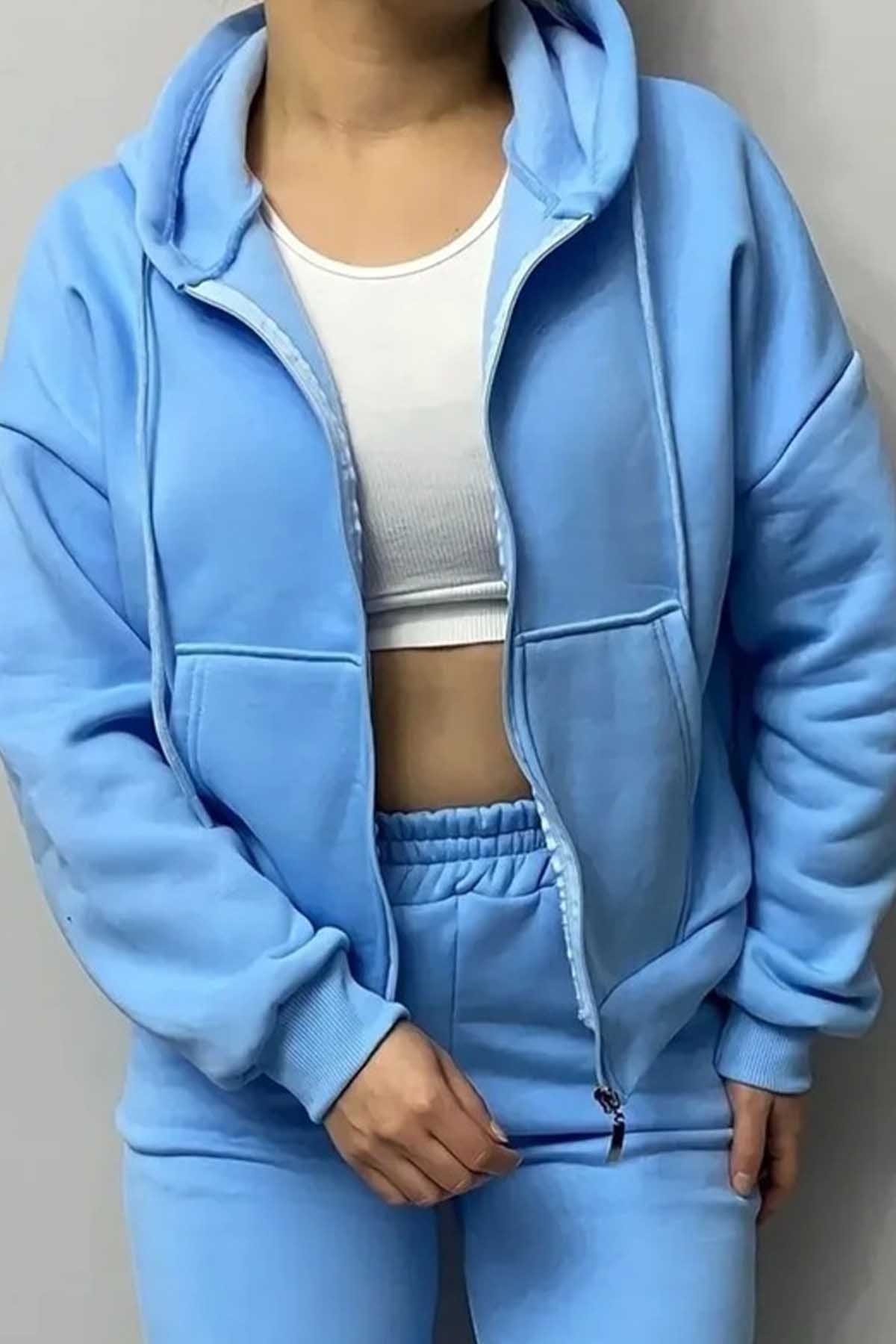 Kadın Kapüşonlu Fermuarlı 3 Üç Iplik Polar Oversize Salaş Sweatshirt-Mavi