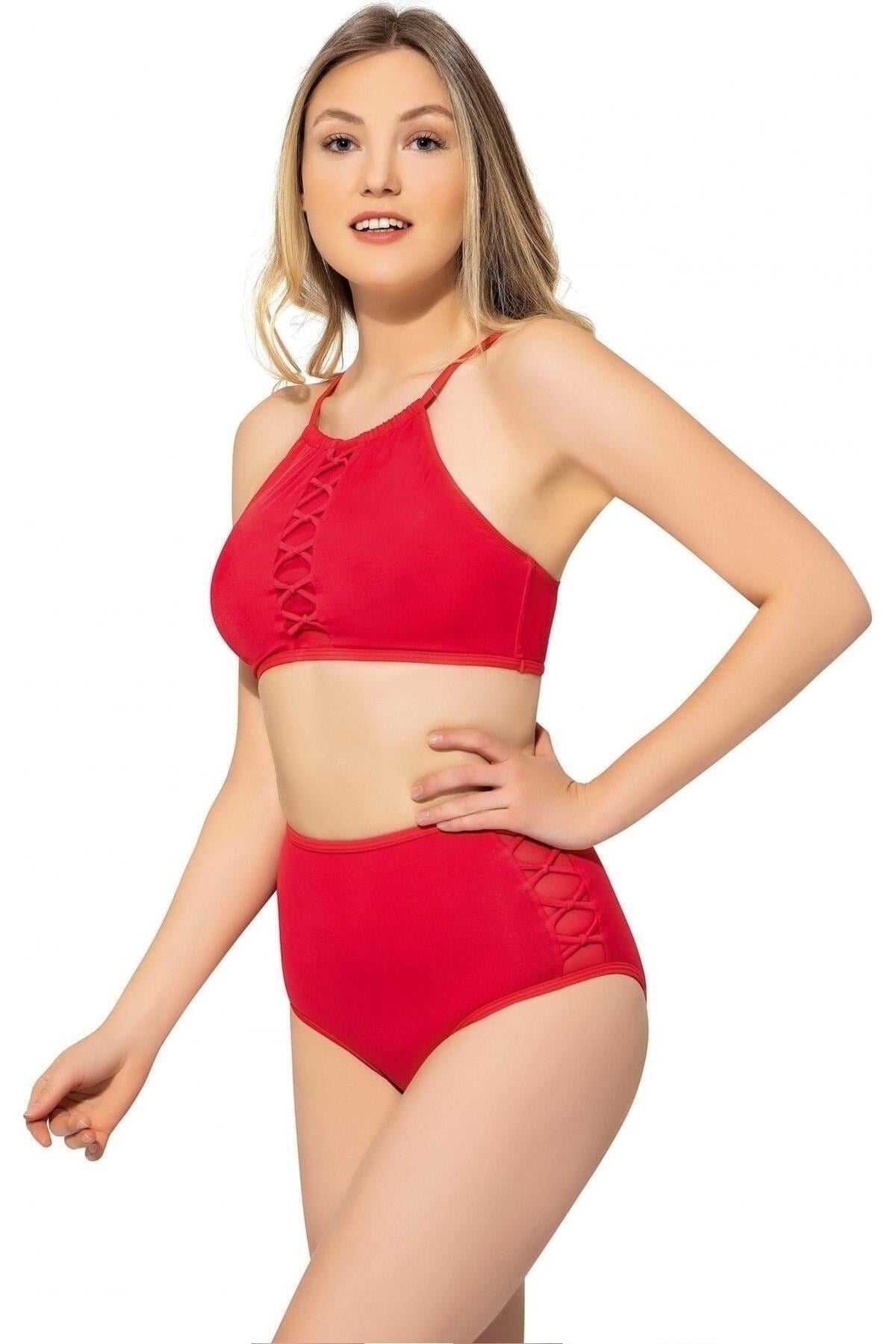 Kadın Kırmızı Bağcıklı Tül Detaylı Yüksek Bel Bikini Takımı