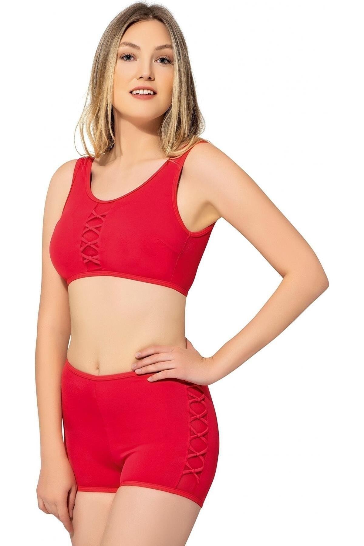 Kadın Kırmızı Tül Detaylı Şortlu Bikini Takımı