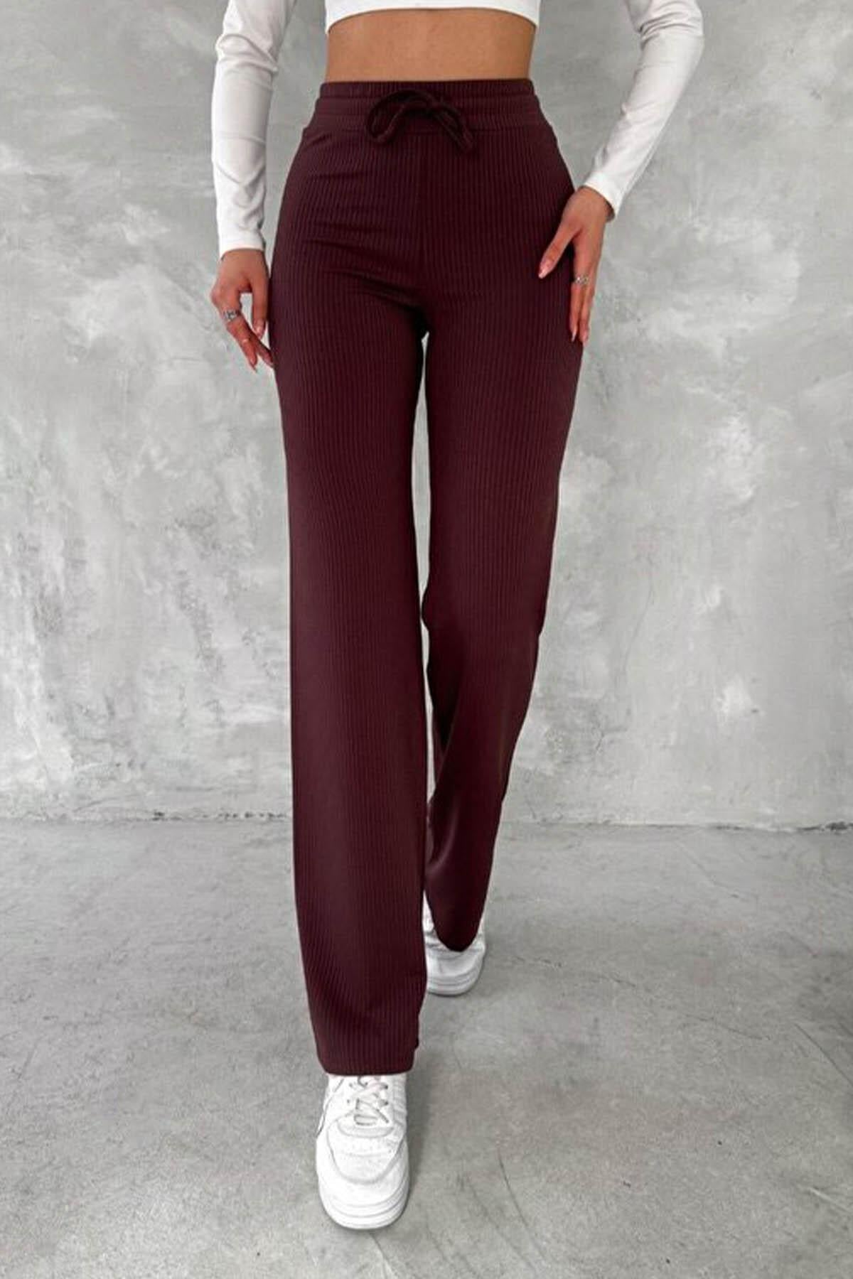 Kadın Modal Kumas Fitilli Sardonlu Kıslık Pantolon-Bordo
