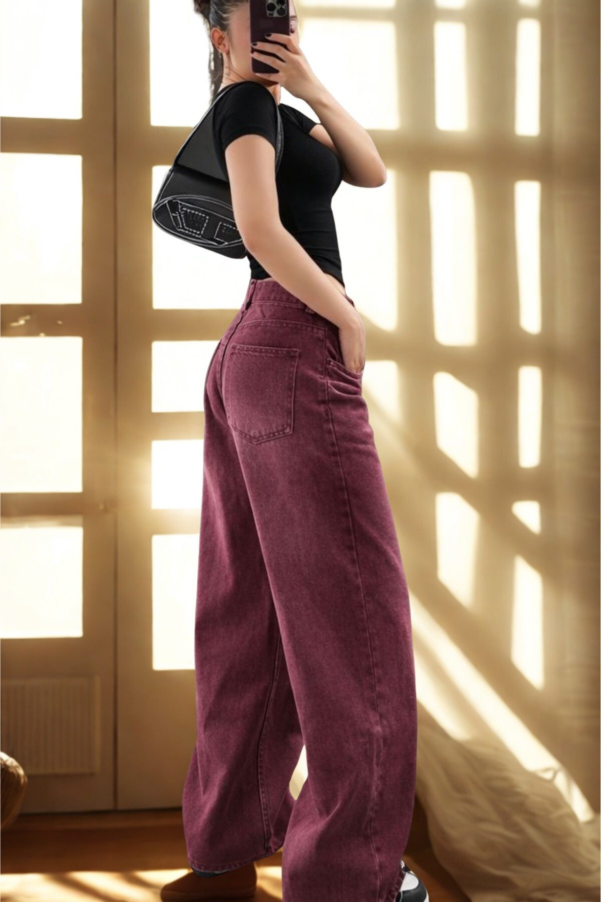 Kadın Retro Jean Pantolon- Bordo