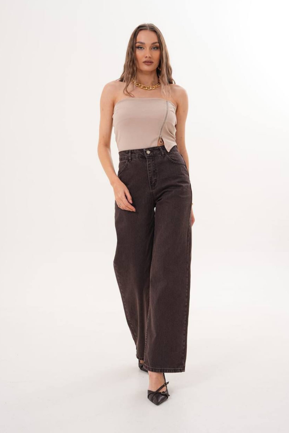 Kadın Retro Jean Pantolon- Kahverengi
