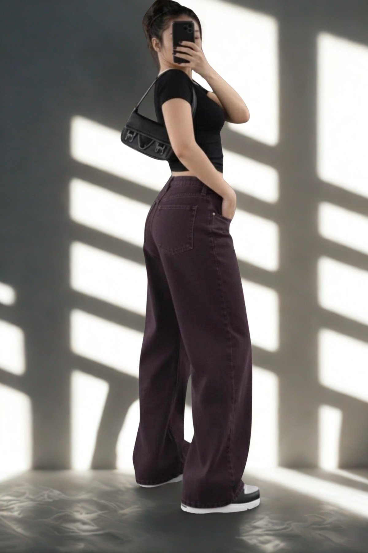 Kadın Retro Jean Pantolon- Mürdüm