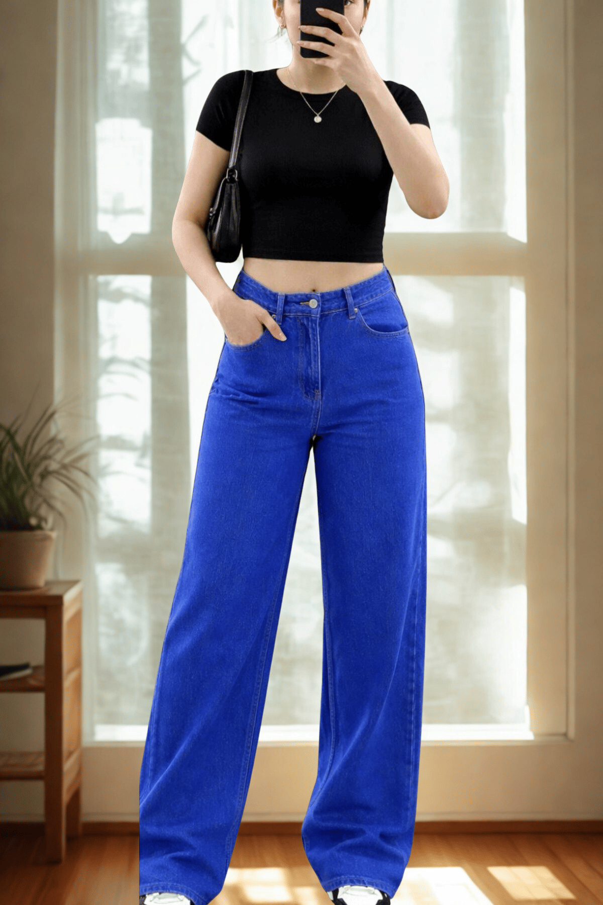 Kadın Retro Jean Pantolon- Saks Mavi