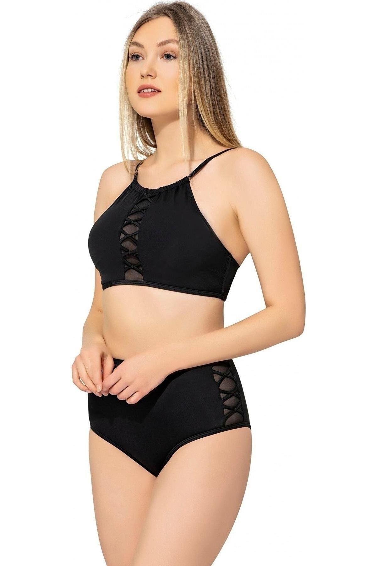 Kadın Siyah Bağcıklı Tül Detaylı Yüksek Bel Bikini Takımı