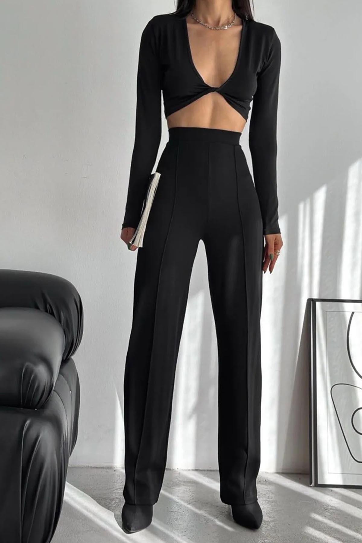 KADIN SİYAH ÇELİK PALAZZO PANTALON
