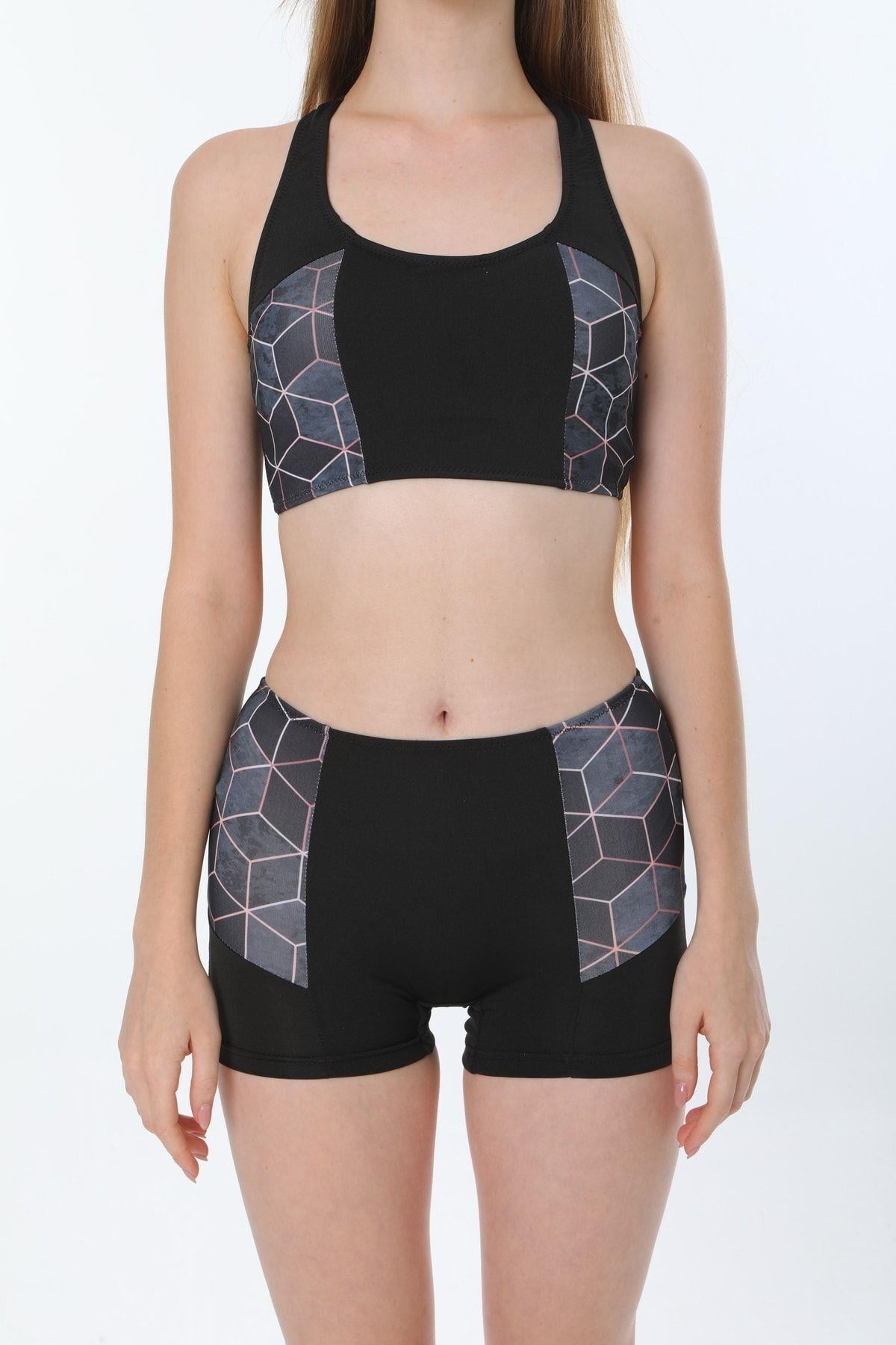 Kadın Siyah Desenli Şortlu Bikini Takımı