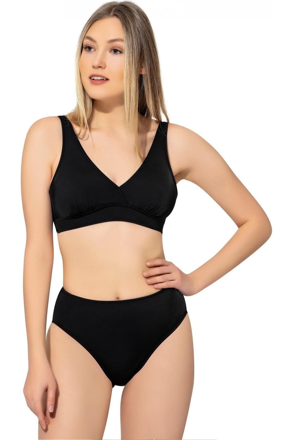Kadın Siyah Düz Kruvaze Bikini Takımı