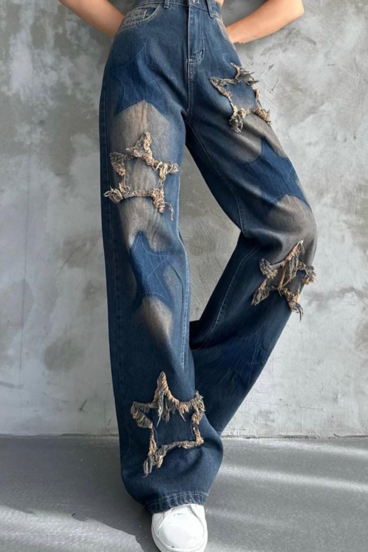 Kadın Yıldızlı Baggy Jean Pantolon- Kahverengi