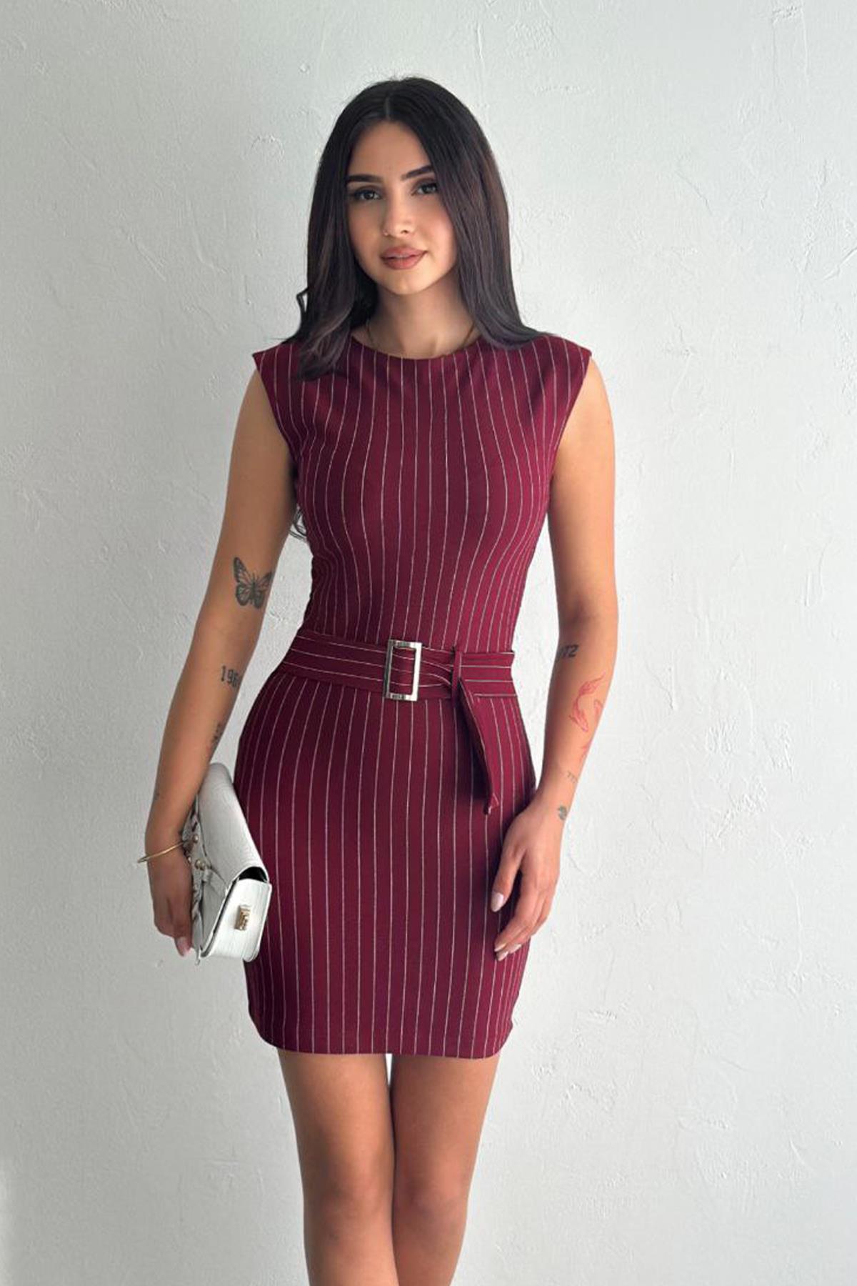 Kadın Zra Çizgili Mini Elbise- Bordo