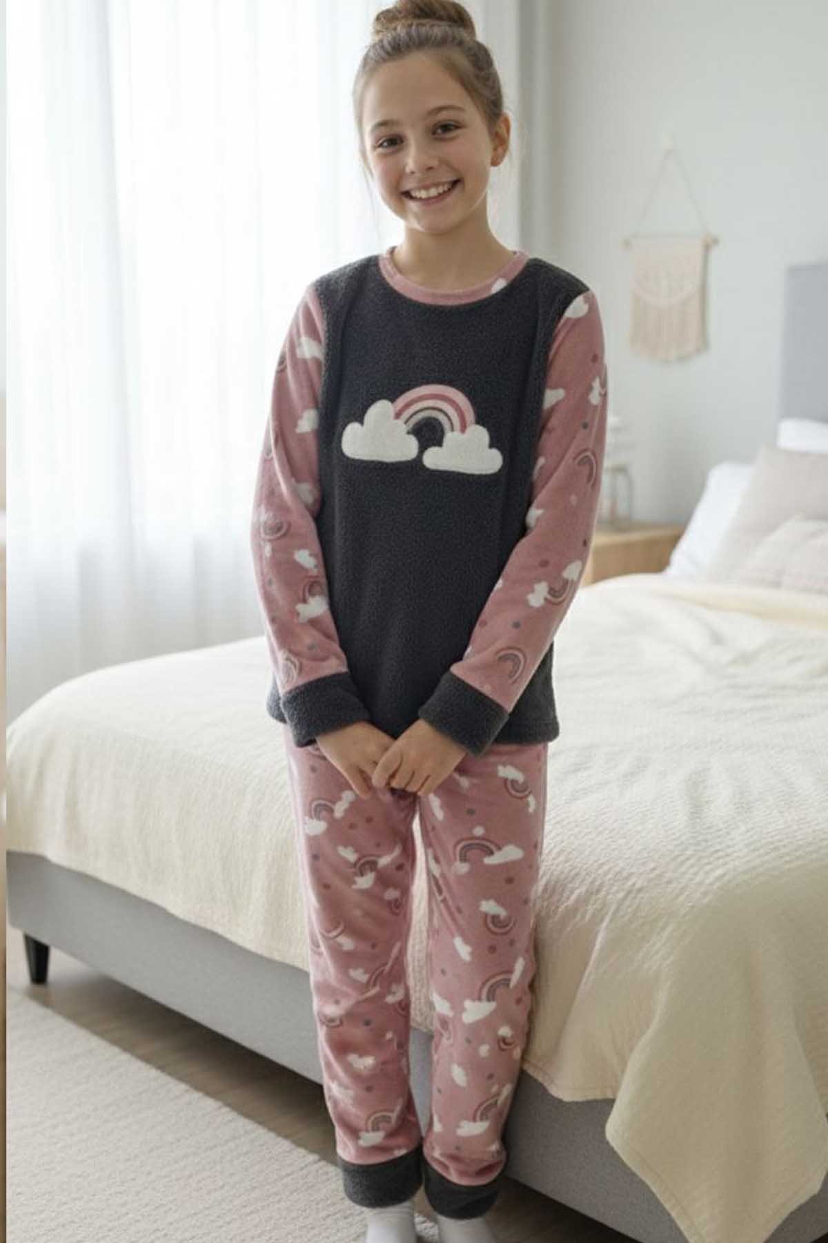 Kız Çocuk Polar Desenli Pijama Takımı - Pembe