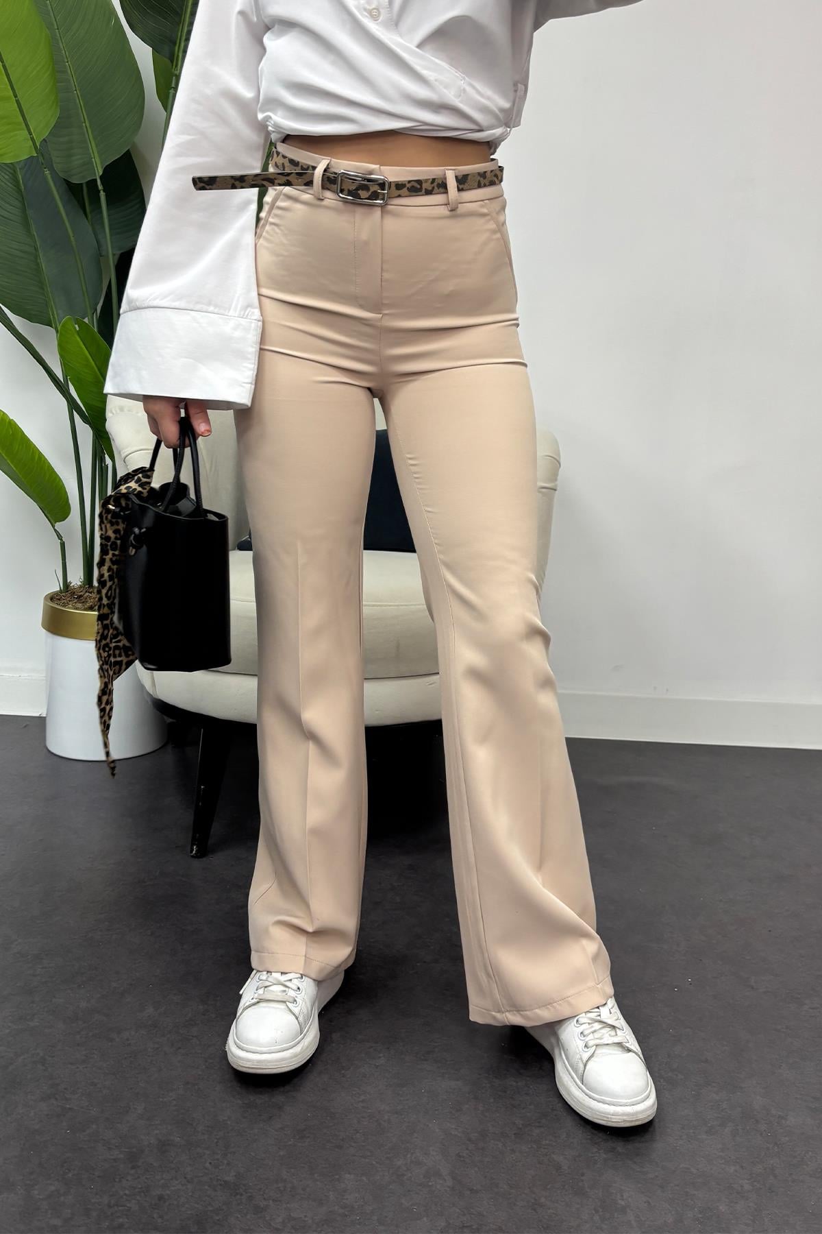 Krep Kumaş Klasik Model Pantolon-Bej