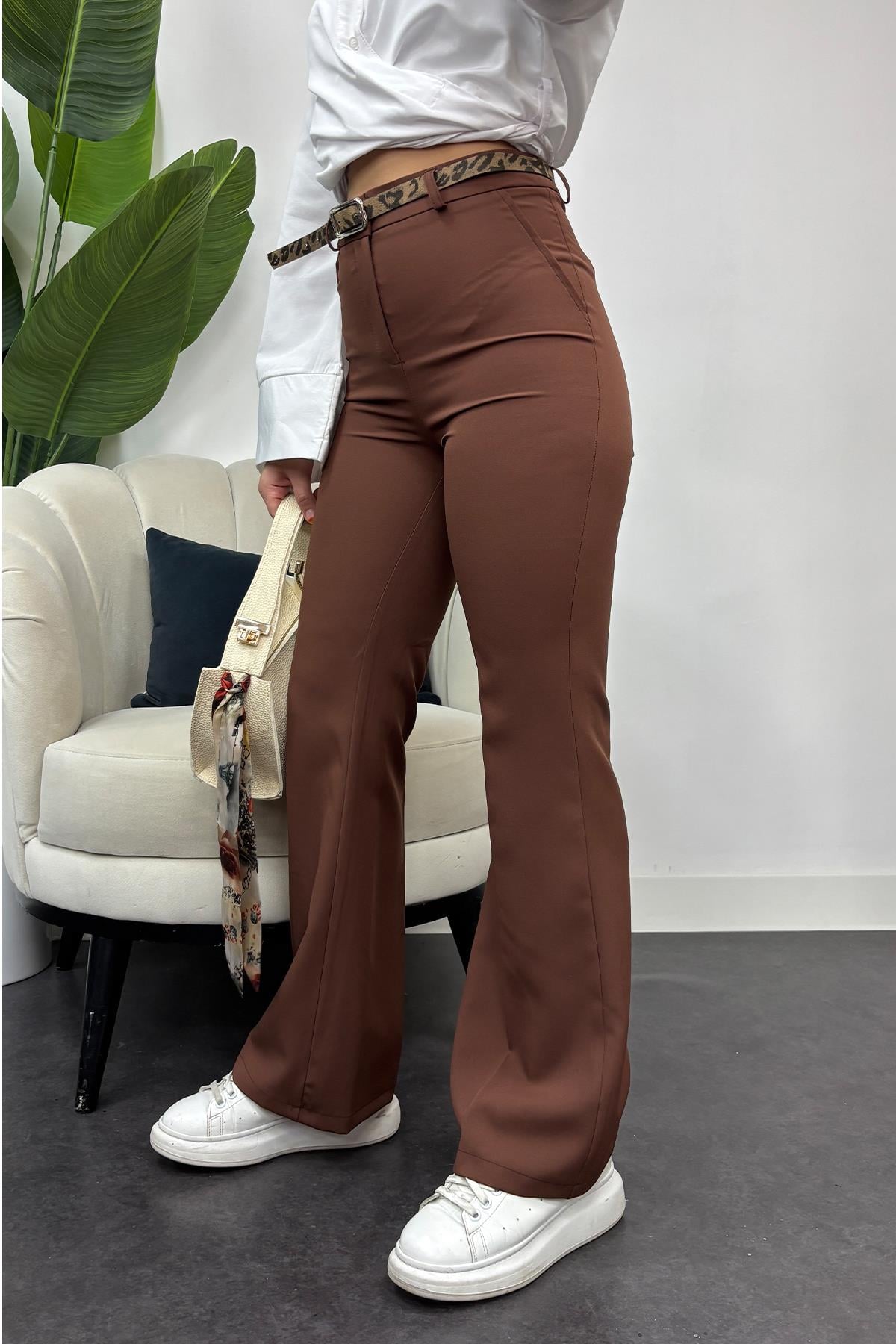 Krep Kumaş Klasik Model Pantolon-Kahverengi