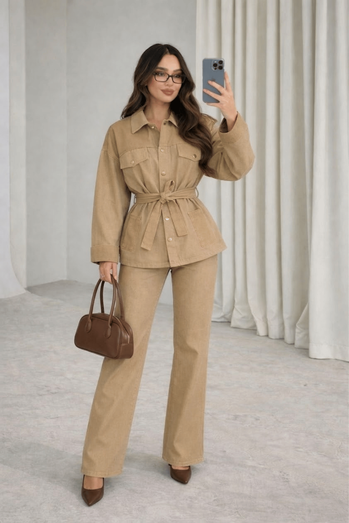 Kuşaklı Ceket- Pantolon Denim Takım- Bej
