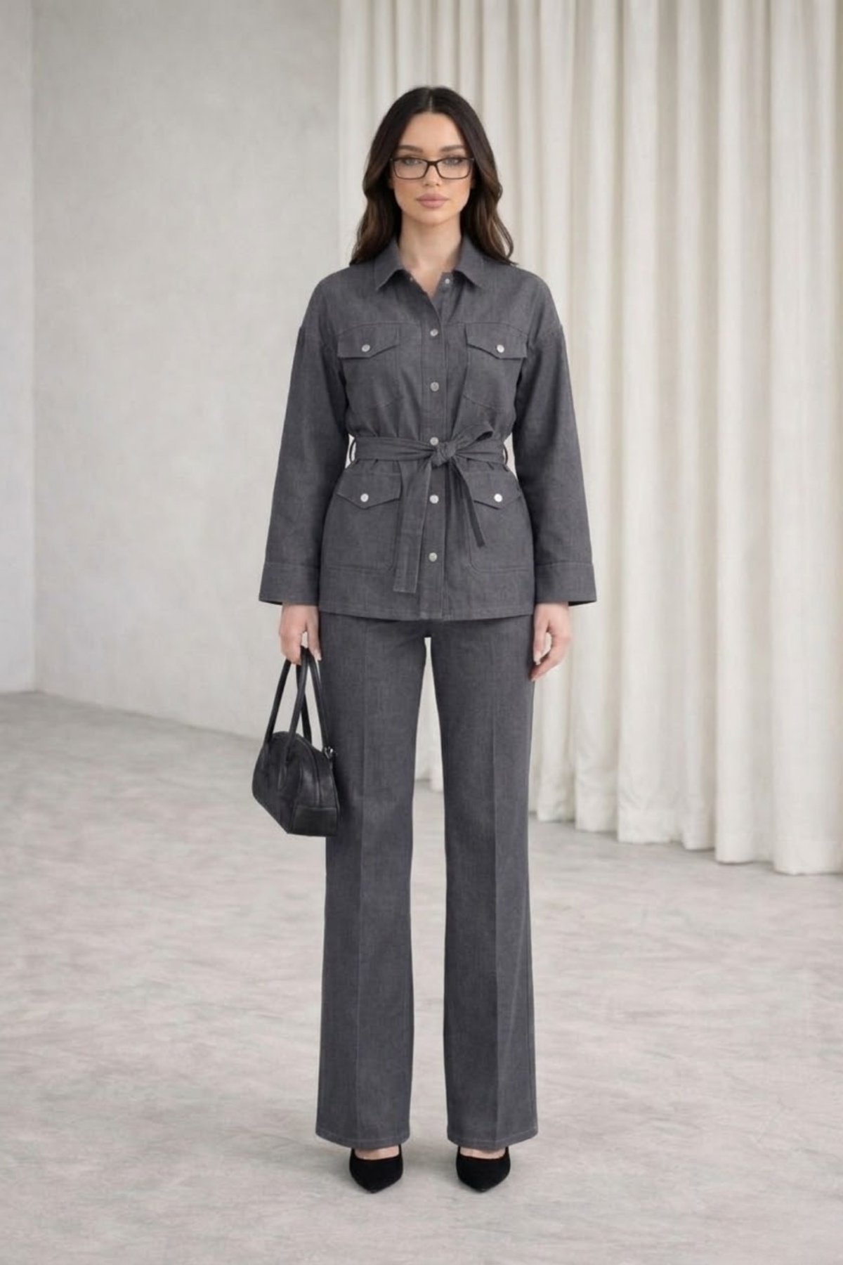 Kuşaklı Ceket- Pantolon Denim Takım- Füme