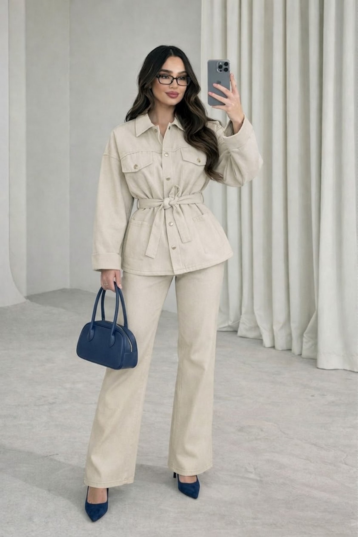 Kuşaklı Ceket- Pantolon Denim Takım- Krem