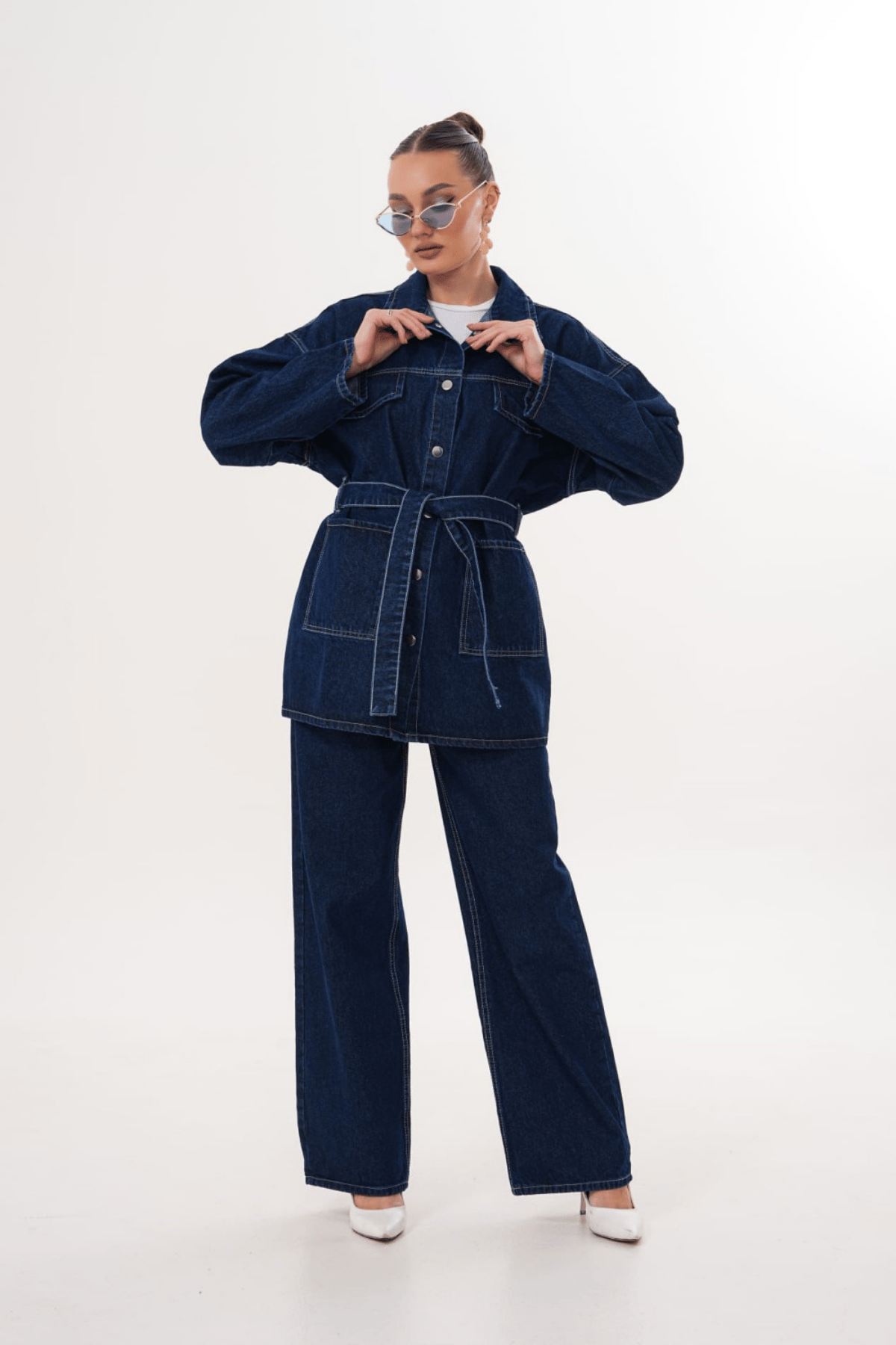 Kuşaklı Ceket- Pantolon Denim Takım- Lacivert