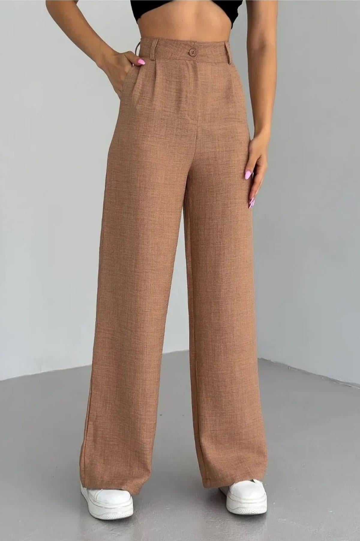 Melaj Keten Bol Paça Pantolon-Taba