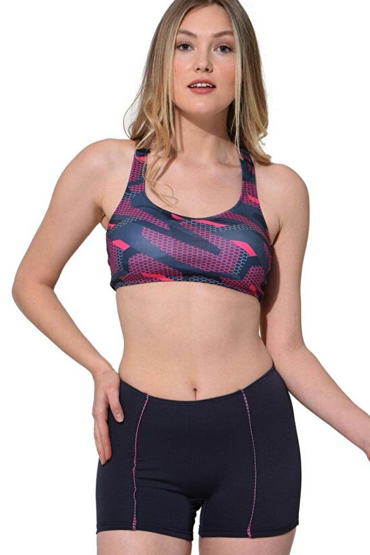 Modelli Desenli Badili Şortlu Yüzücü Bikini Takımı -Antrasit