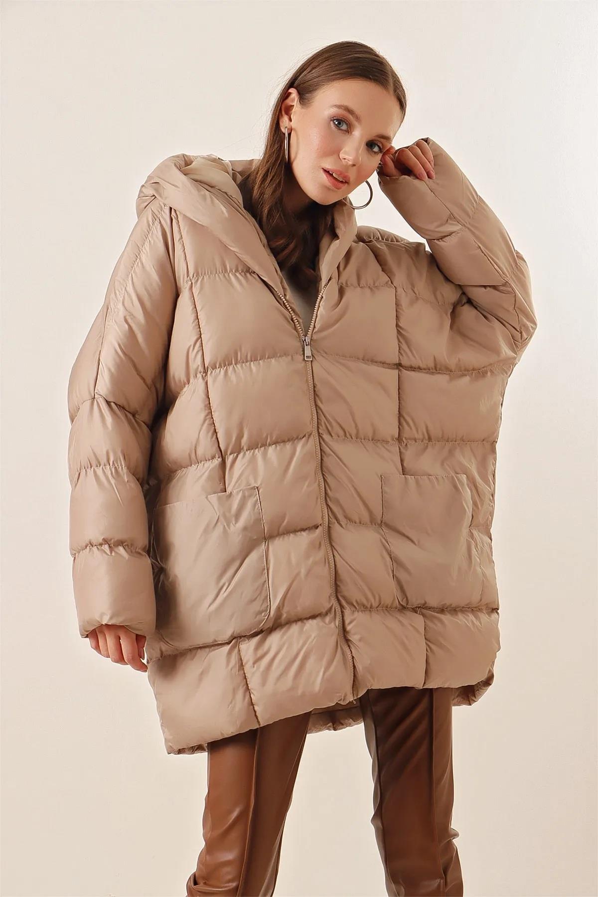 Oversize Şişme Mont Uzun Kalın su geçirmez Standart Beden Uyumlu bedenler 38-40-42-44)