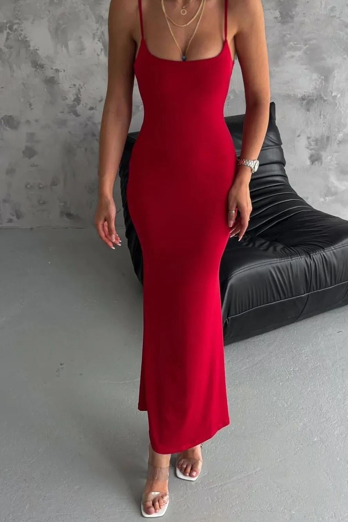 Sandy Kumaş Askılı Balık Model Elbise-Kırmızı