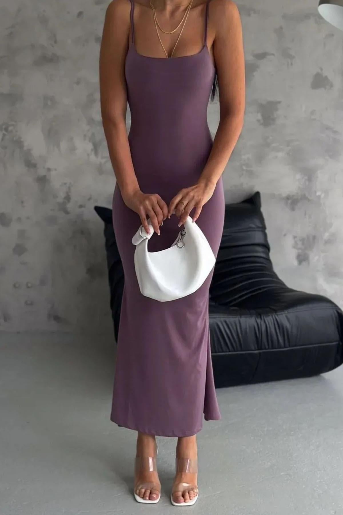 Sandy Kumaş Askılı Balık Model Elbise-Mor