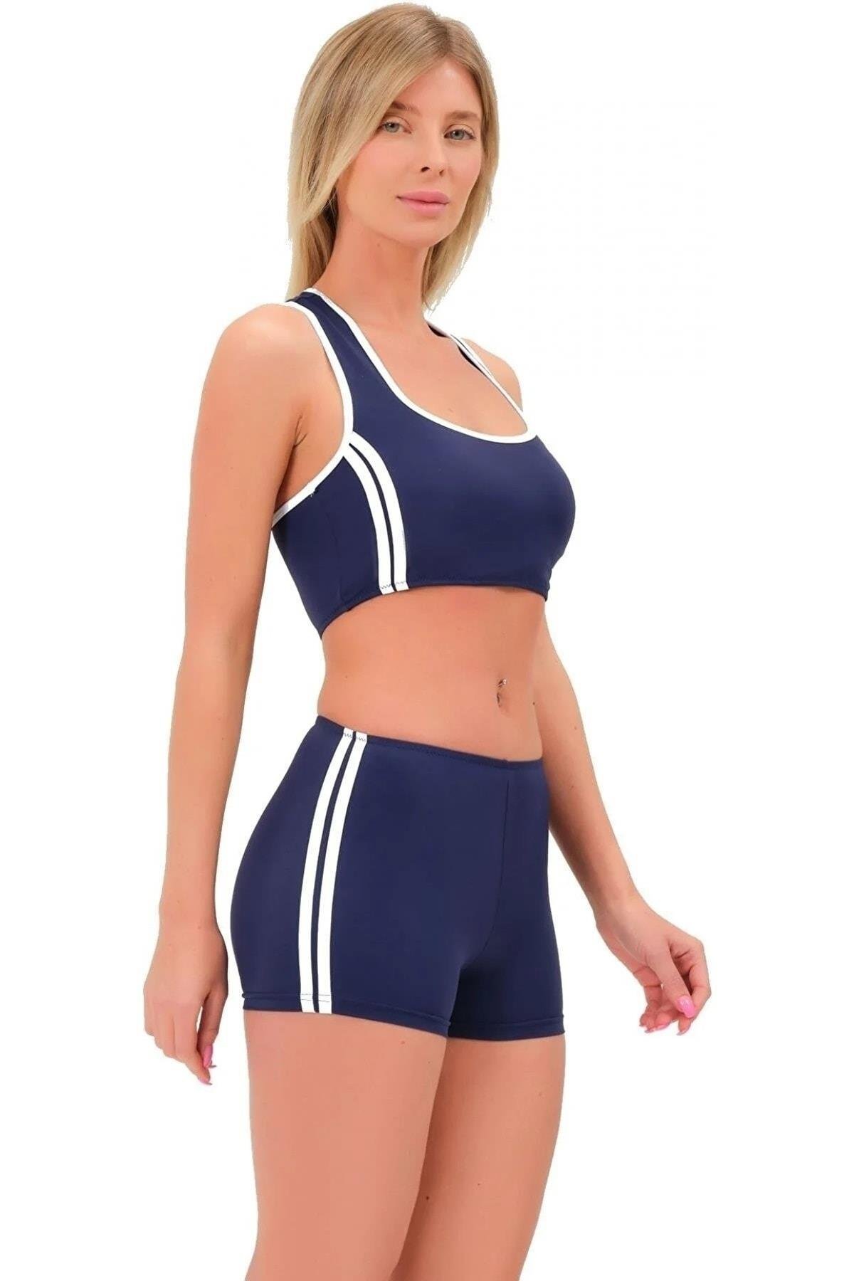 Şeritli Şortlu Yüzücü Bikini Lacivert