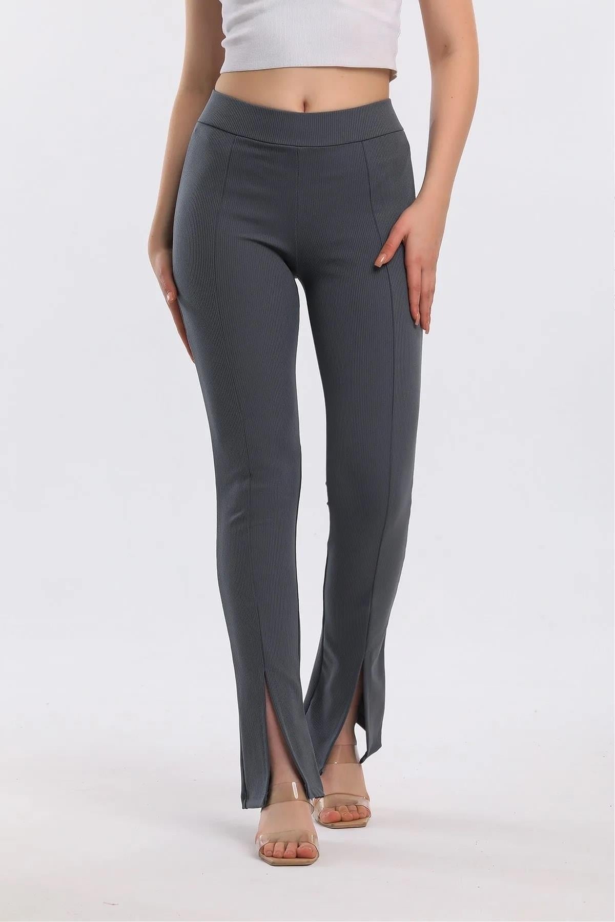 Tayt Kadın Antrasit Yüksek Bel Önden Yırtmaçlı Fitilli Tayt