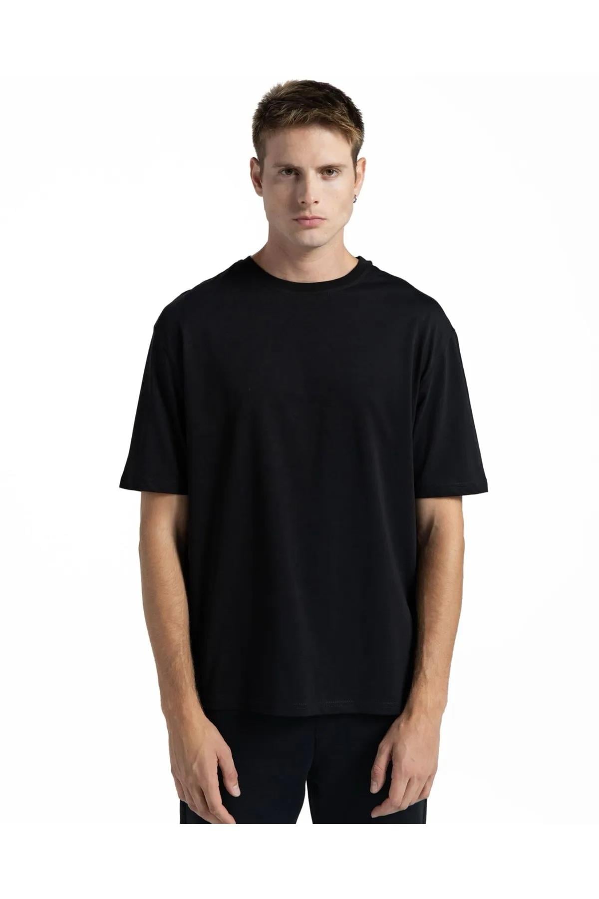 tshirt Oversize Unisex Pamuklu Bisiklet Yaka-Siyah